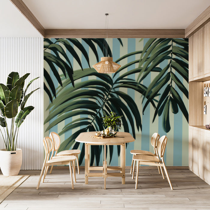 Painterly Tropical Palm Foliage Mural Wallpaper | Dark Green Leaves, Light Blue Stripes