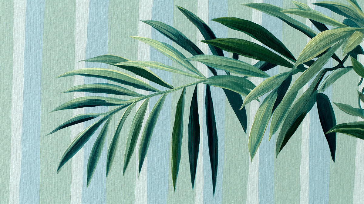 Subtle Tropical Palm Frond Mural Wallpaper | Light Green Foliage, Blue Teal Stripes