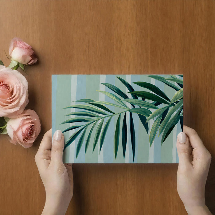 Subtle Tropical Palm Frond Mural Wallpaper | Light Green Foliage, Blue Teal Stripes
