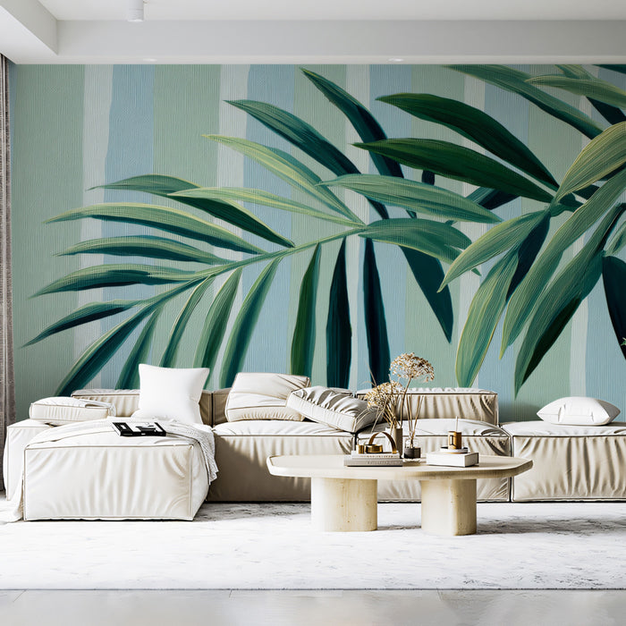 Subtle Tropical Palm Frond Mural Wallpaper | Light Green Foliage, Blue Teal Stripes