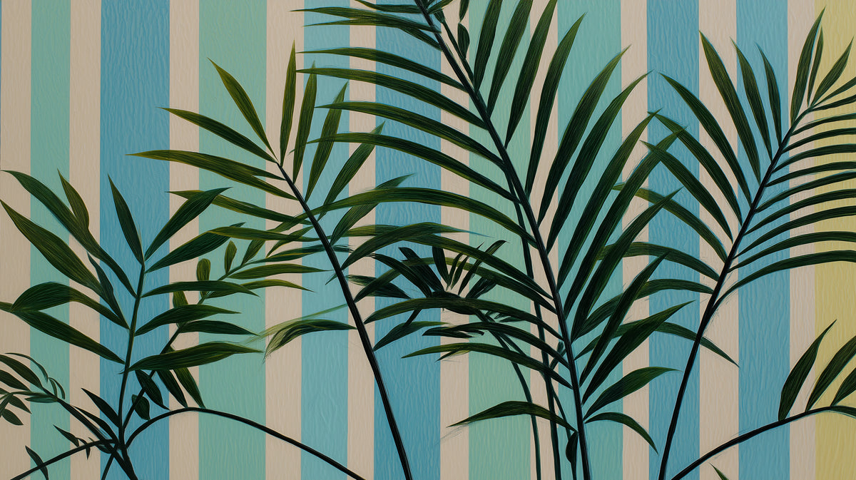 Textured Layered Palm Leaves Mural Wallpaper | Deep Green Foliage, Multi-Tone Striped Background