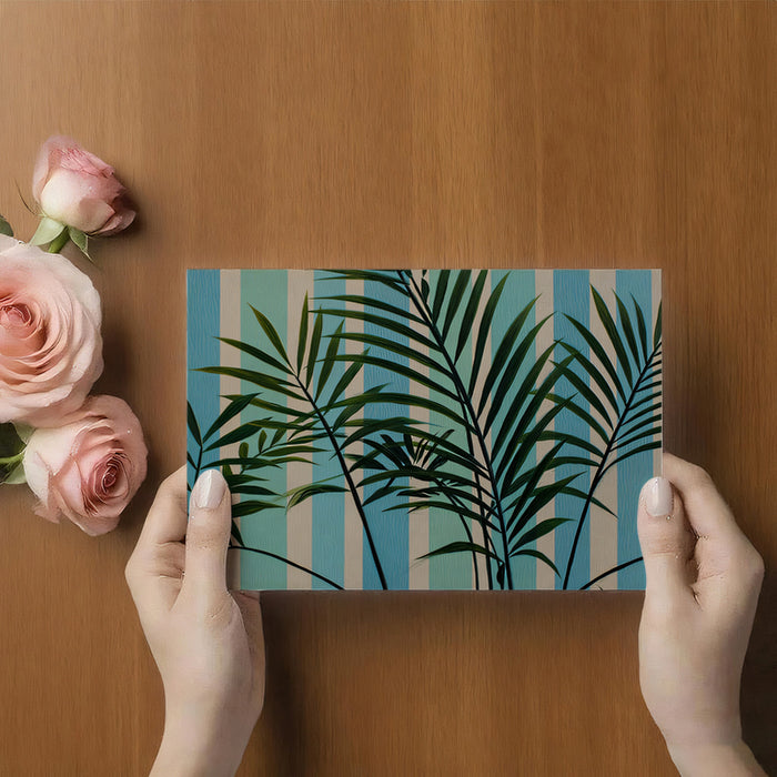 Textured Layered Palm Leaves Mural Wallpaper | Deep Green Foliage, Multi-Tone Striped Background