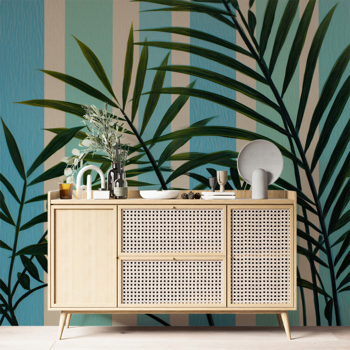 Textured Layered Palm Leaves Mural Wallpaper | Deep Green Foliage, Multi-Tone Striped Background