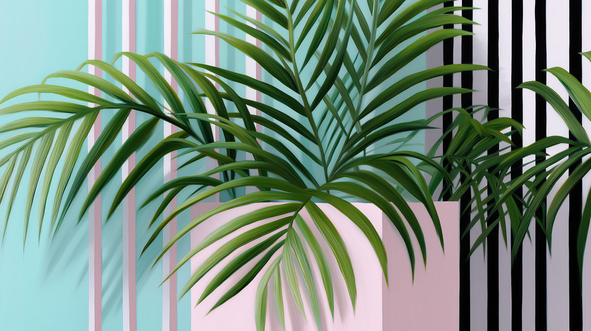 Chic Geometric Tropical Palm Mural Wallpaper | Pink Box, Blue Black White Stripes