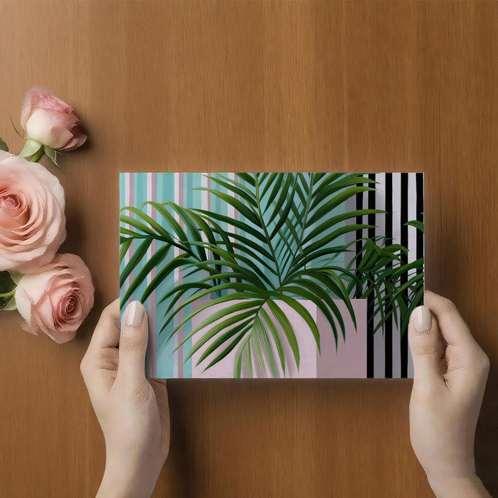 Chic Geometric Tropical Palm Mural Wallpaper | Pink Box, Blue Black White Stripes