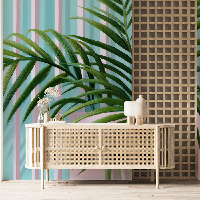 Chic Geometric Tropical Palm Mural Wallpaper | Pink Box, Blue Black White Stripes