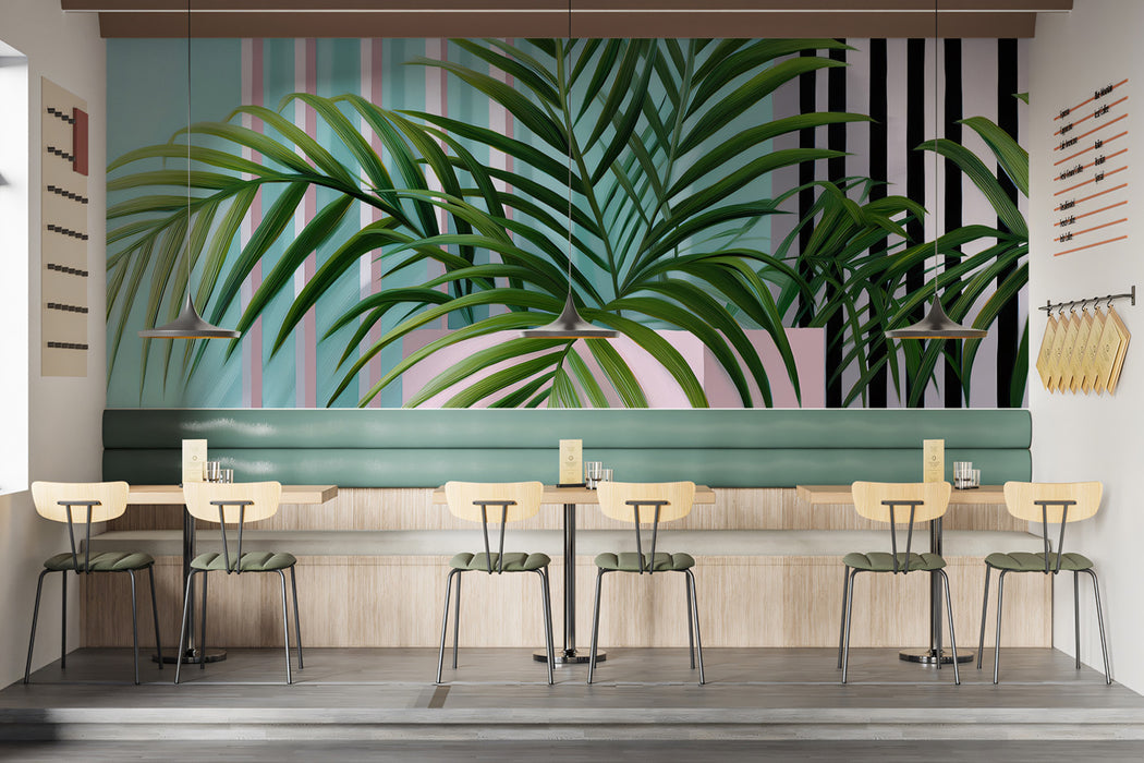 Chic Geometric Tropical Palm Mural Wallpaper | Pink Box, Blue Black White Stripes