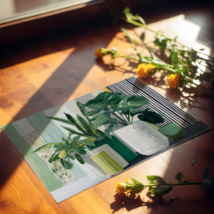 Modern Botanical Potted Plants Mural Wallpaper | Monstera Snake Plant, Paneled Striped Background