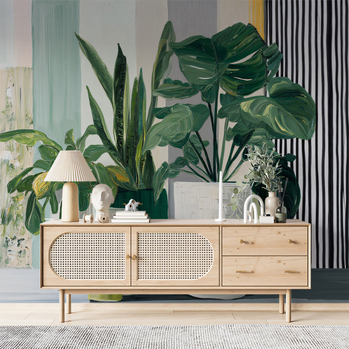 Modern Botanical Potted Plants Mural Wallpaper | Monstera Snake Plant, Paneled Striped Background