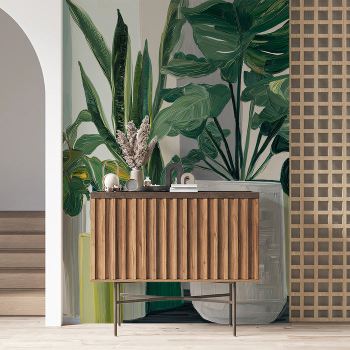 Modern Botanical Potted Plants Mural Wallpaper | Monstera Snake Plant, Paneled Striped Background