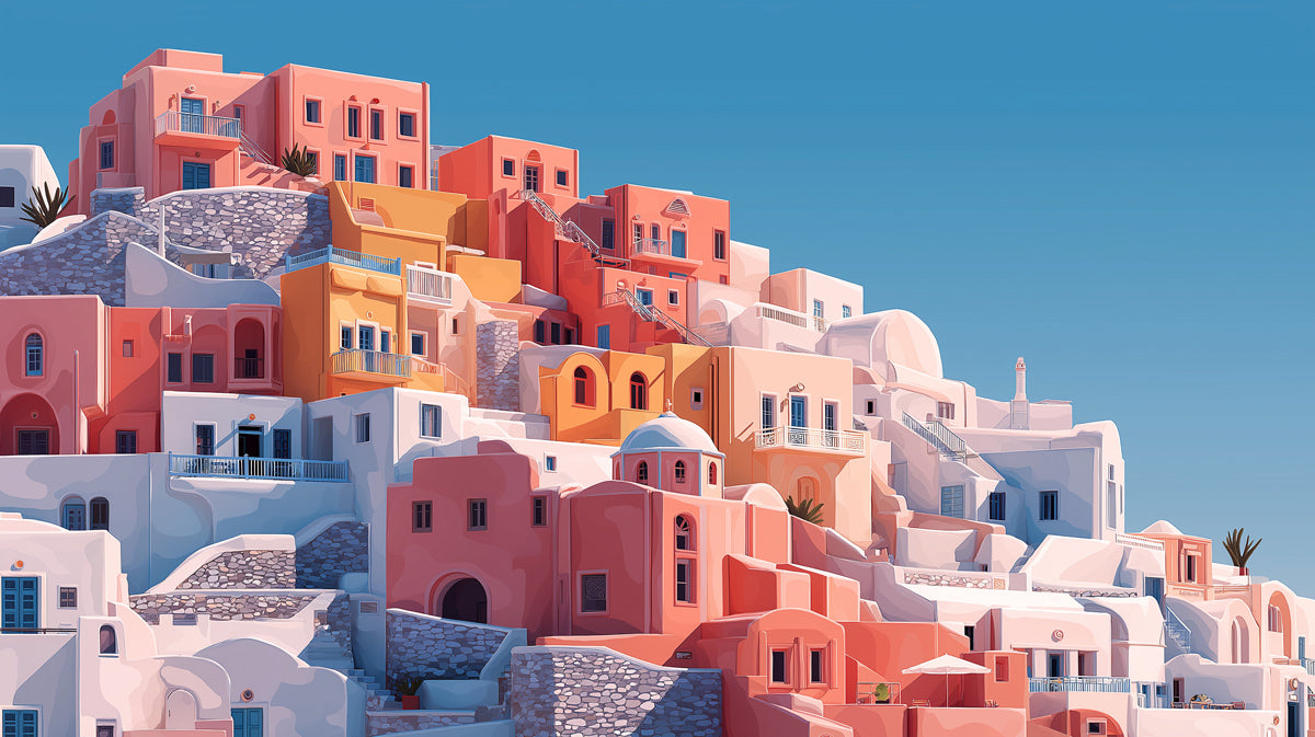 Warm Tiered Mediterranean Village Mural Wallpaper | Sunset Pink Orange Coastal Scene