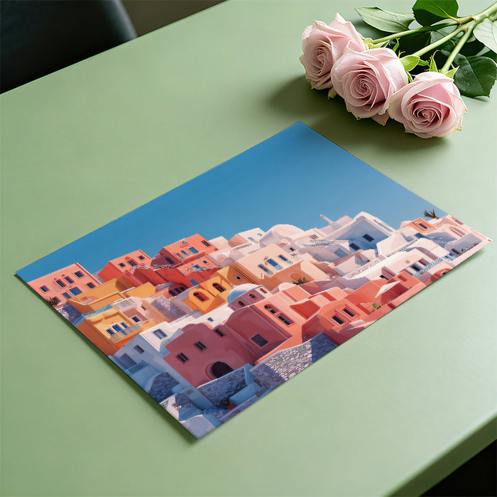 Warm Tiered Mediterranean Village Mural Wallpaper | Sunset Pink Orange Coastal Scene