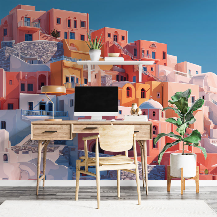 Warm Tiered Mediterranean Village Mural Wallpaper | Sunset Pink Orange Coastal Scene