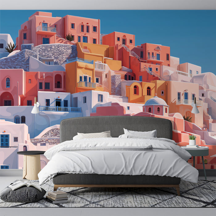 Warm Tiered Mediterranean Village Mural Wallpaper | Sunset Pink Orange Coastal Scene
