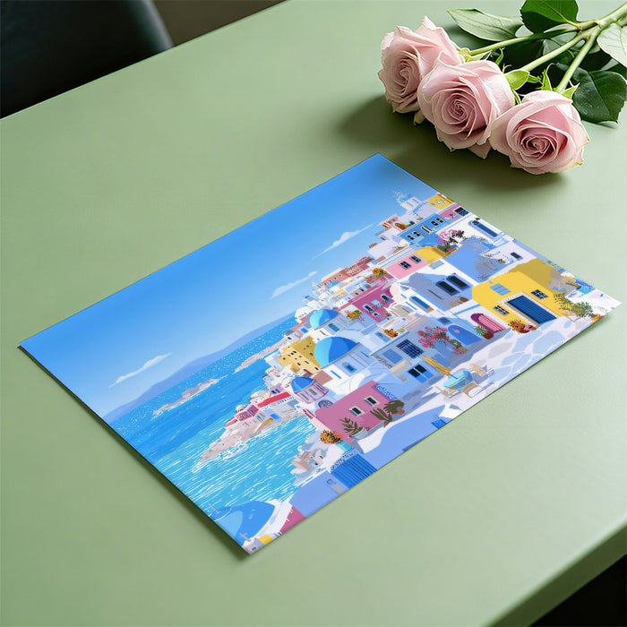 Sunny Coastal Santorini View Mural Wallpaper | Bright Blue Domes Summer Atmosphere