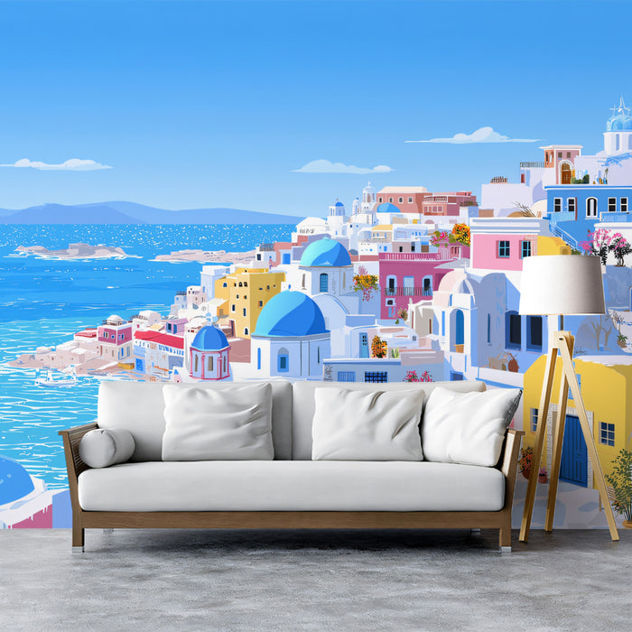Sunny Coastal Santorini View Mural Wallpaper | Bright Blue Domes Summer Atmosphere