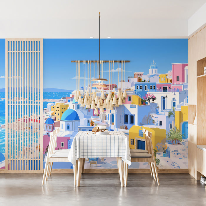 Sunny Coastal Santorini View Mural Wallpaper | Bright Blue Domes Summer Atmosphere