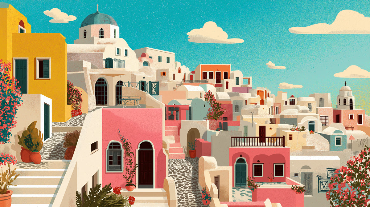 Textured Pastel Mediterranean Hillside Mural Wallpaper | Soft Pink Architecture Coastal Charm