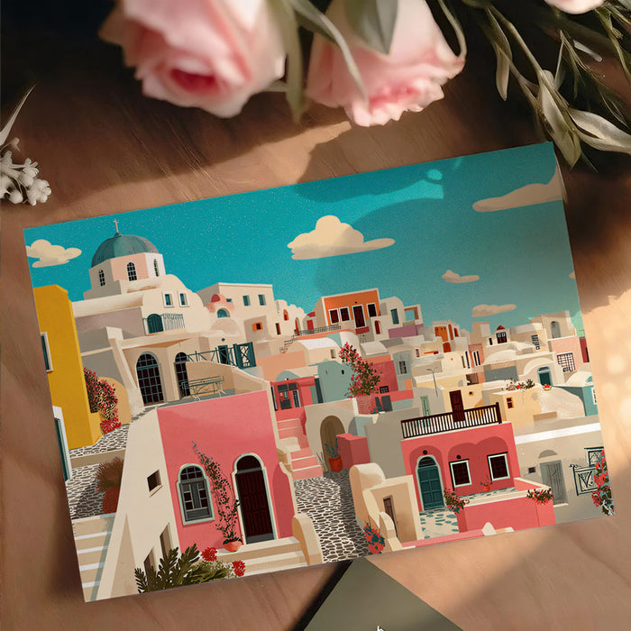 Textured Pastel Mediterranean Hillside Mural Wallpaper | Soft Pink Architecture Coastal Charm