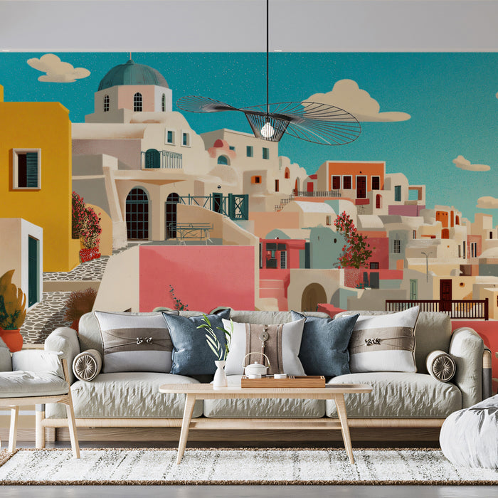 Textured Pastel Mediterranean Hillside Mural Wallpaper | Soft Pink Architecture Coastal Charm