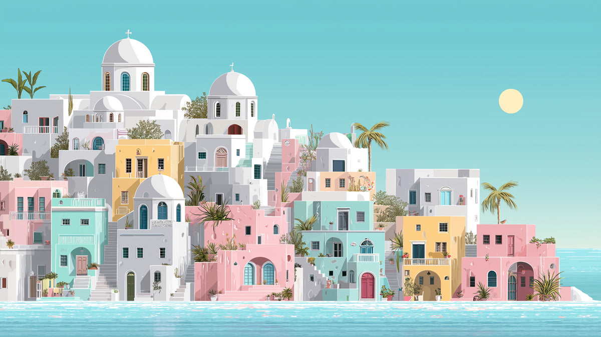 Ethereal Light Mediterranean Village Mural Wallpaper | Pastel White Soft Blue Coastal Scene