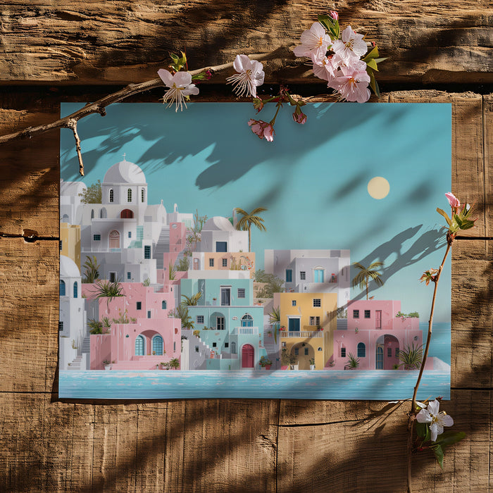 Ethereal Light Mediterranean Village Mural Wallpaper | Pastel White Soft Blue Coastal Scene
