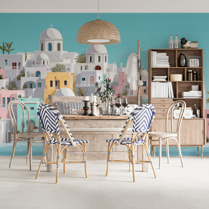 Ethereal Light Mediterranean Village Mural Wallpaper | Pastel White Soft Blue Coastal Scene