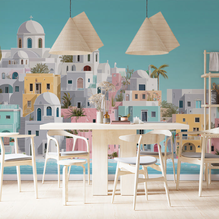 Ethereal Light Mediterranean Village Mural Wallpaper | Pastel White Soft Blue Coastal Scene