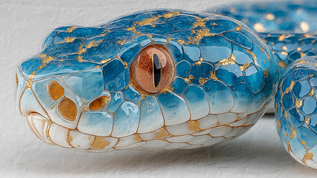 Luxury Blue Snake Skin Texture Mural Wallpaper | Gold Leaf Accents, High Contrast Wildlife
