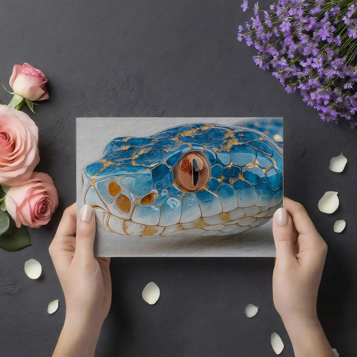 Luxury Blue Snake Skin Texture Mural Wallpaper | Gold Leaf Accents, High Contrast Wildlife