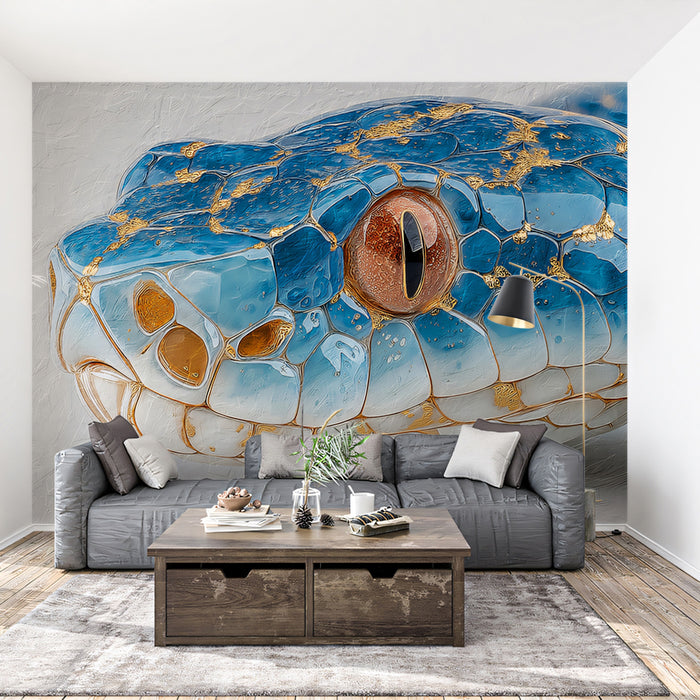 Luxury Blue Snake Skin Texture Mural Wallpaper | Gold Leaf Accents, High Contrast Wildlife