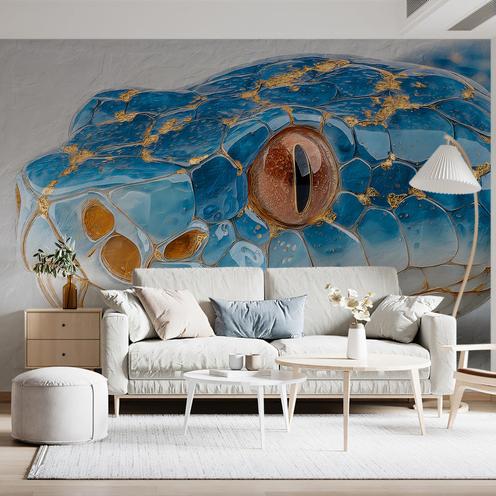 Luxury Blue Snake Skin Texture Mural Wallpaper | Gold Leaf Accents, High Contrast Wildlife