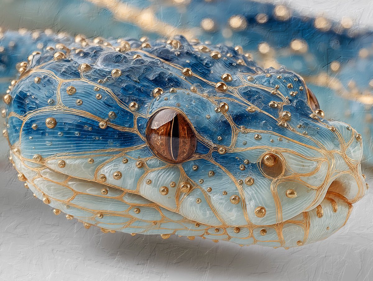 Ethereal Blue Snake Portrait Mural Wallpaper | Golden Thread Veined, Luminous Wildlife