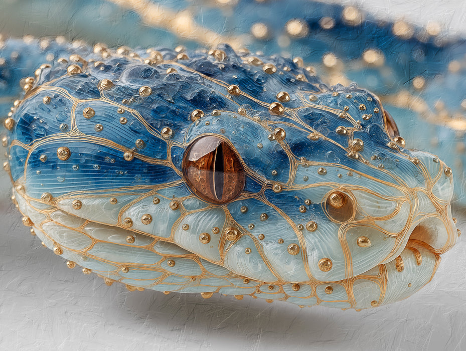 Ethereal Blue Snake Portrait Mural Wallpaper | Golden Thread Veined, Luminous Wildlife