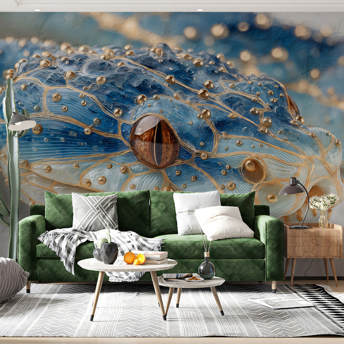 Ethereal Blue Snake Portrait Mural Wallpaper | Golden Thread Veined, Luminous Wildlife