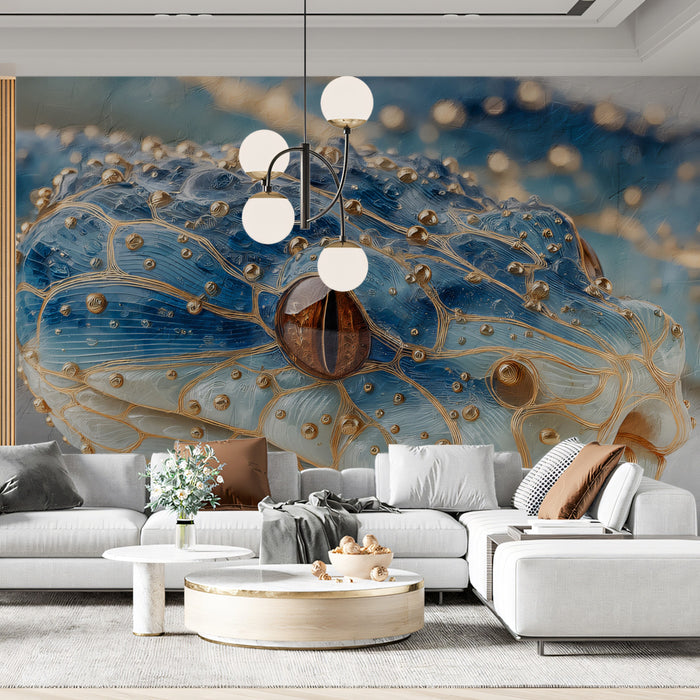 Ethereal Blue Snake Portrait Mural Wallpaper | Golden Thread Veined, Luminous Wildlife