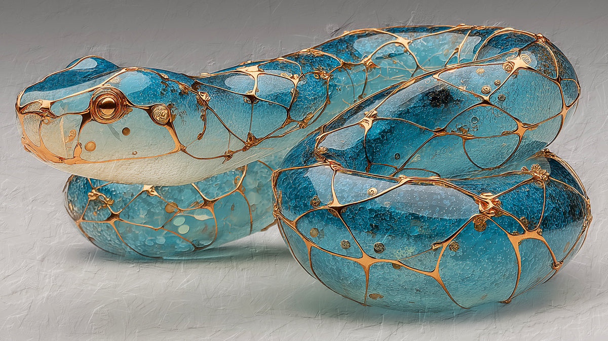 Glass Blue Snake with Gold Cage Mural Wallpaper | Transparent Jewelry Aesthetic Wildlife