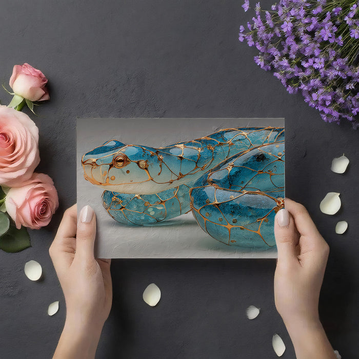 Glass Blue Snake with Gold Cage Mural Wallpaper | Transparent Jewelry Aesthetic Wildlife