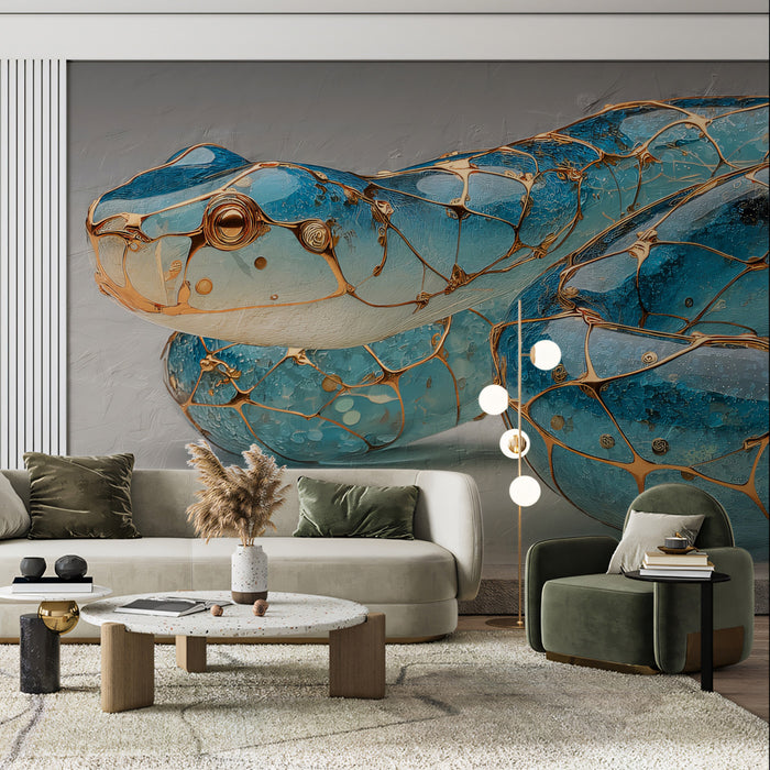 Glass Blue Snake with Gold Cage Mural Wallpaper | Transparent Jewelry Aesthetic Wildlife