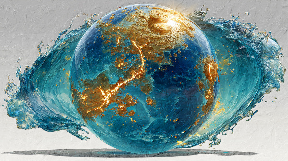 Majestic Blue Gold Earth Orb Mural Wallpaper | Cinematic Water Splash, Epic Globe Art