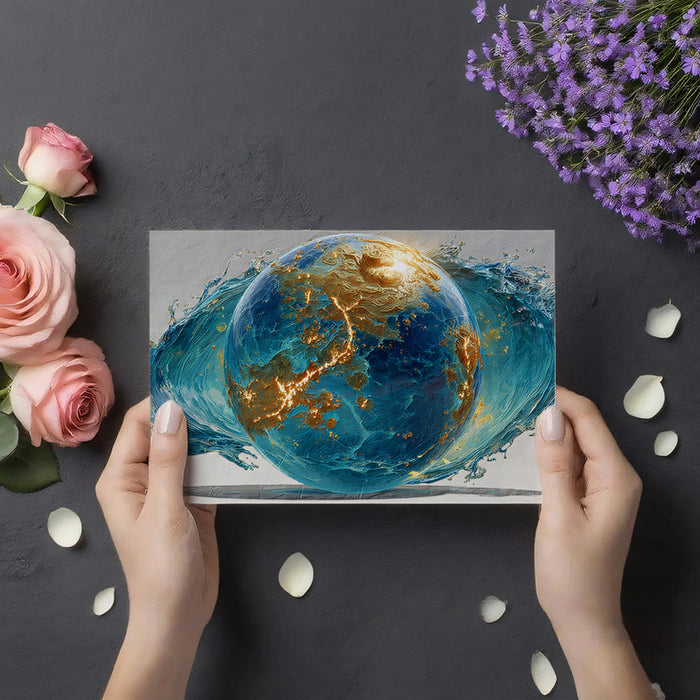 Majestic Blue Gold Earth Orb Mural Wallpaper | Cinematic Water Splash, Epic Globe Art