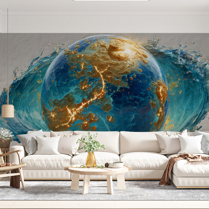 Majestic Blue Gold Earth Orb Mural Wallpaper | Cinematic Water Splash, Epic Globe Art