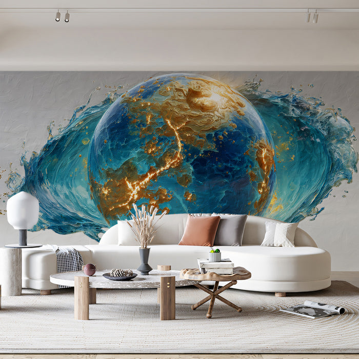 Majestic Blue Gold Earth Orb Mural Wallpaper | Cinematic Water Splash, Epic Globe Art