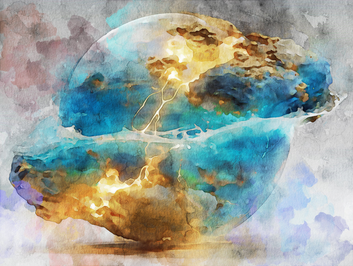 Ethereal Abstract Celestial Orb Mural Wallpaper | Watercolor Wash, Blue and Gold Nebula