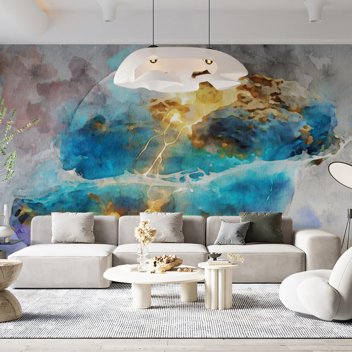 Ethereal Abstract Celestial Orb Mural Wallpaper | Watercolor Wash, Blue and Gold Nebula