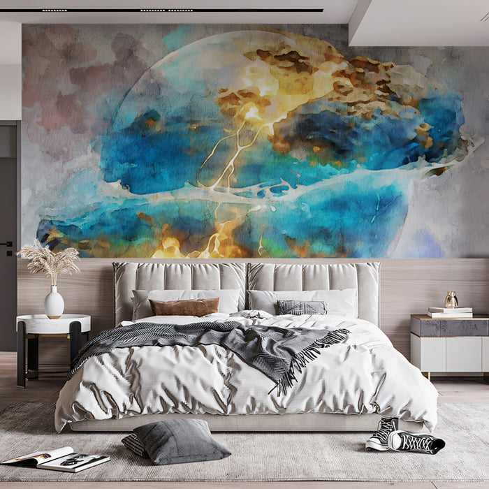 Ethereal Abstract Celestial Orb Mural Wallpaper | Watercolor Wash, Blue and Gold Nebula