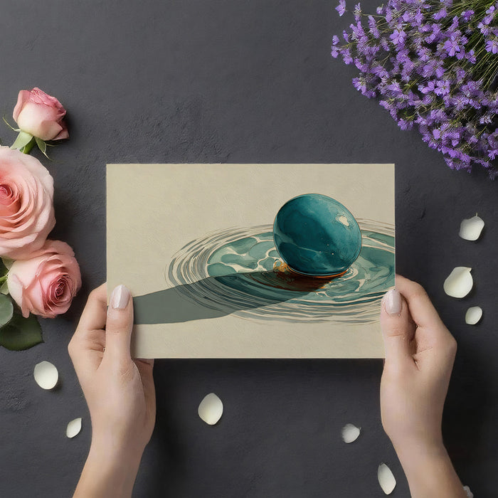 Zen Minimalist Teal Orb Ripple Mural Wallpaper | Modern Still Life, Serene Shadow Aesthetic