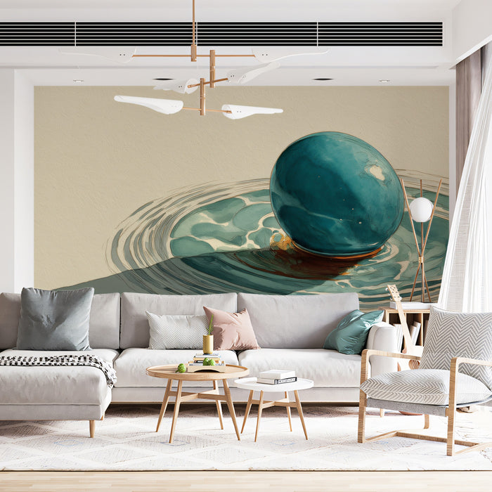 Zen Minimalist Teal Orb Ripple Mural Wallpaper | Modern Still Life, Serene Shadow Aesthetic