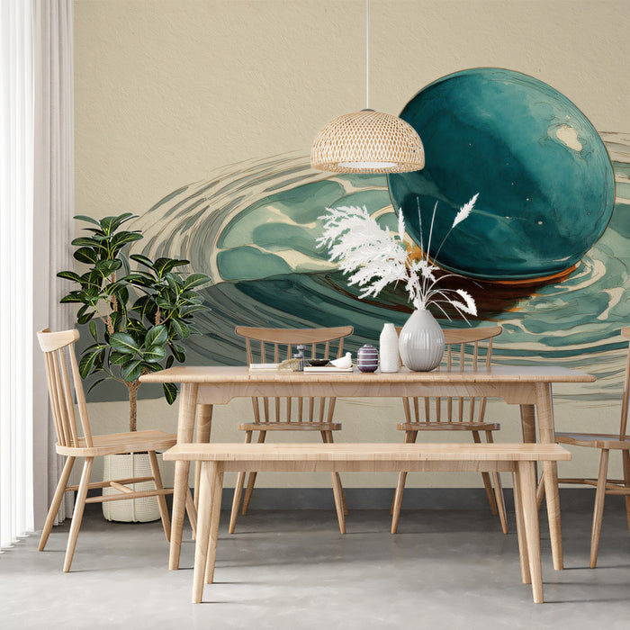 Zen Minimalist Teal Orb Ripple Mural Wallpaper | Modern Still Life, Serene Shadow Aesthetic