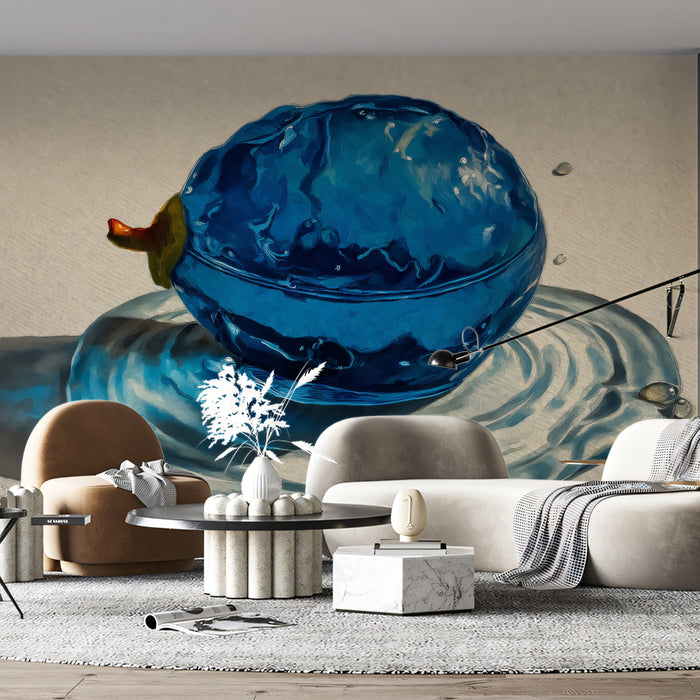 Vibrant Blue Fruit Splash Mural Wallpaper | Realist Still Life, Liquid Motion Art